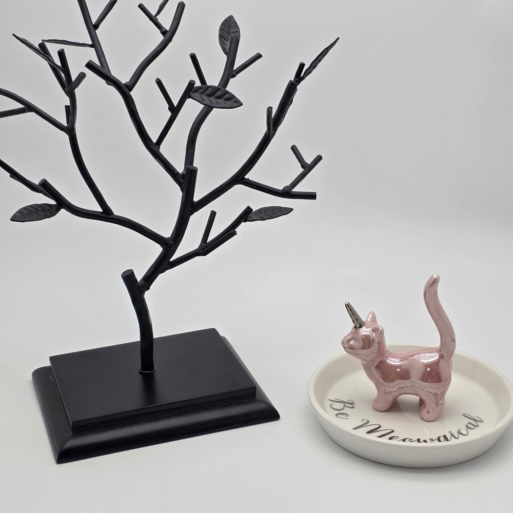 Jewelry Organizer Set Black Tree + Pink Cat Unicorn Dish Bundle‎ Whimsical Girly
